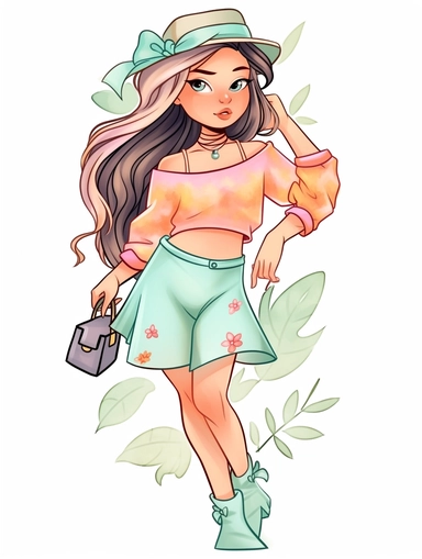 cute summer girl full body drawing, illustration clipart, detailed, black outline, digital art, watercolor, in forest,