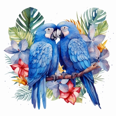 watercolor clipart, two blue Eclectus Parrots in love with tropical gardens, sweet hearts around, watercolor sublimation design, Sublimation Clipart, hyper realistic, intricate detail, illustration style, isolated on white background for removing background, Super-Resolution, Megapixel