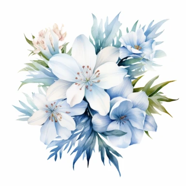 one winter flower clipart. spreading, frost, ice, white background, watercolor