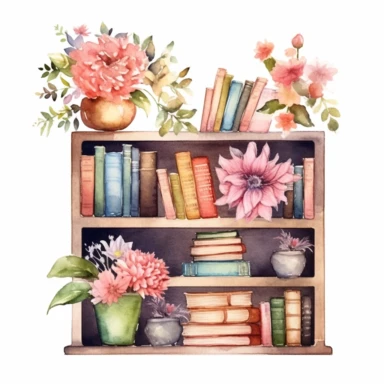 watercolor style, a bookshelf with multiple books, flowers and other decorations on it, realistic, delicate shades, clipart, isolated on white background, 4K