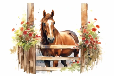 watercolor and ink style, brown horse in barn stall surrounded by spring flowers, clipart on plain white background, nature vibes, super high detail ultra precision 16k HD, clean crisp brushwork, painted by Beatrix Potter