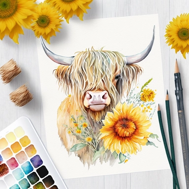 Dairy Cow Watercolor Clipart Highland Cow Sunflowers Flowers, background white