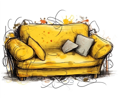 sofa clipart yellow couch with cushions, in the style of use of common materials, comic strip, free brushwork, rounded, precisionist style, tangled nests, carpetpunk,white background