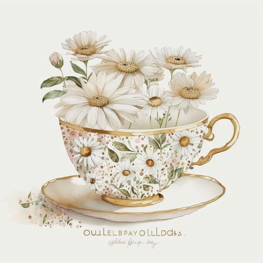 vintage teacup, daisies inside, glitter around, white, gold, glitter, fantasy, realistic illustration, watercolor, by Dinara Mirtalipova, by Disney, by rifle paper co, bright and airy Colors, concept art, white background, clipart