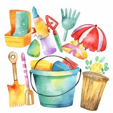 Watercolor Summer, beach, Clipart, bold colors, toy bucket and shovel sticker pack
