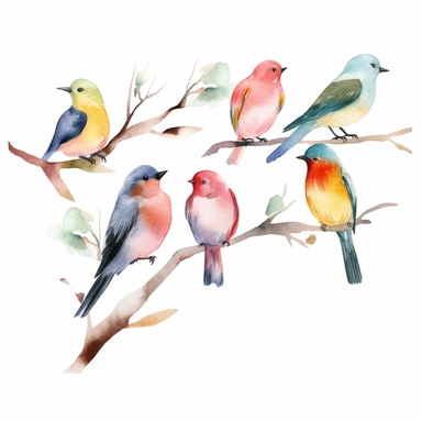 Watercolor Colorful birds perched on tree branches clipart, Minimalist, isolated white background, 8k