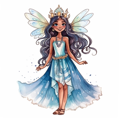 a happy american indian fairy who has big beautiful eyes and long hair, she wears a disney style blue frilly ball gown and a tiara. Cut out clipart, watercolors, no shading