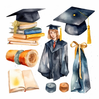 Watercolor graduation ceremony related scenes, illustrations clipart set, simple, , cartoon elements, different variants, separate elements with a margin