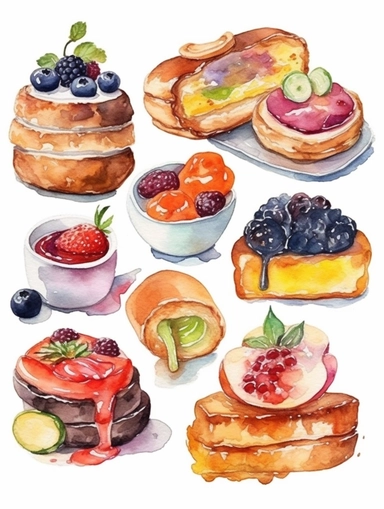 Watercolor clipart set with white background, breakfast food, cute and adorable, flat design, clearly defined separated image, high quality