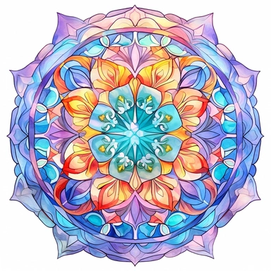 commercial shot of watercolor clipart of mandala style stained glass clipart, luminescent colors, whimsical, sublimination clipart god rays, 80's anime style, fantasy, high quality watercolor style clipart, intricate detail, isolated on white, award winning,