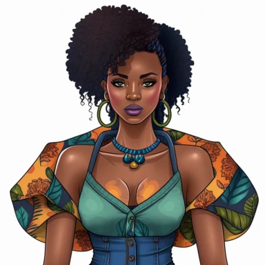 ultra realistic, hand drawn, clipart, The woman you're describing has a bold and confident sense of style. She's wearing a pair of torn denim jeans that fit her perfectly and add a touch of edge to her outfit. Her off-the-shoulder African print halter top is colorful and vibrant, with a bold pattern that draws attention to her shoulders and neckline. The halter top is designed to accentuate her figure, and she wears it with confidence and ease. To complete her outfit, she's chosen a pair of high