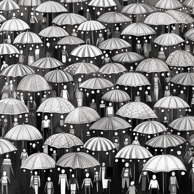 black and white coloring page for adults, lots of umbrellas , in the style of ominous vibe, monochromatic white figures, fine lines, creative commons attribution, wallpaper, childs drawing, animated exuberance, no shading, clipart