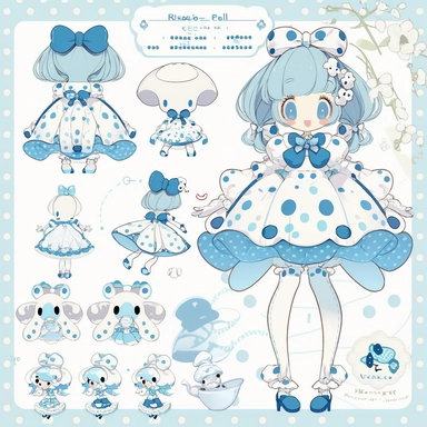 character sheet,knoling,clipart,property catalog, cute little character, delicate illustration, marionette, angel, beautiful girl, white gloves, polka dot white dress and lace, frill, dot ribbon, beautiful light, white light, cobalt poison dart frog, octopus