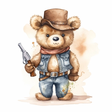 A cute watercolor clipart of a teddy bear dressed in Wild West cowboy attire, with a hat, boots, and a bandana around its neck. The bear has a confident stance and a revolver in its holster