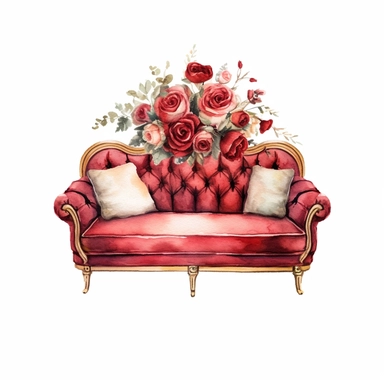 watercolor, white background, clipart, watercolor, white background, ultra-realistic and hyper-detailed clipart beautiful cozy sofa surrounded by red roses, red and rich gold hues