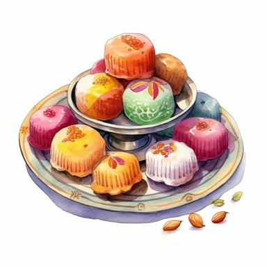 a festive watercolor clipart image with a white background, capturing the colors and intricate design of a plate of traditional Indian sweets, such as ladoos and barfi.