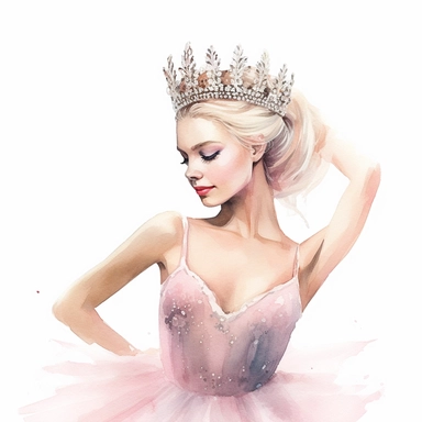 make a clipart of a beautiful photorealistic ballerina in a pink jeweled tutu, give her blonde hair with a jeweled crown, use pastel colors, watercolor style, white background