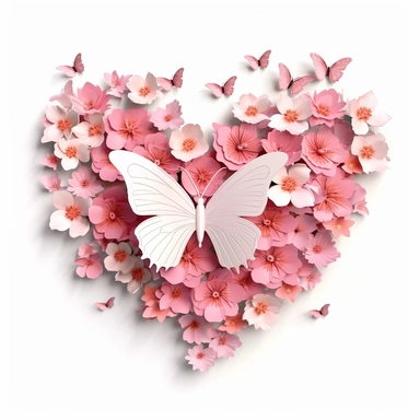3D exceptionally beautiful pink flowers and butterflies in 3D, heart shaped, clipart, white background