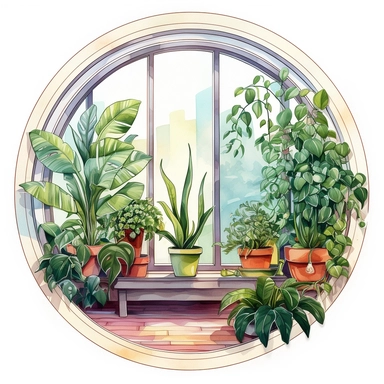 home flowers standing front of a big circle window with watercolor effect,suitable for digital clipart,white background,greenery plants,home style plants