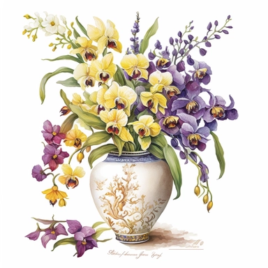 vibrant colours, white background, no text, An animated watercolor clipart showcasing A sophisticated porcelain vase displaying exquisite orchids in shades of purple, white, and yellow, exuding elegance and luxury, filled with flowers
