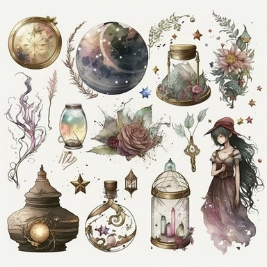 a set of high quality hand painted watercolor Astronomy transparent clipart which includes astronomy and magic concept illustrations of a beautiful girls with flowers,magic ball,wizard items, golden stars and moon, mirror,sand clocks, candles, potion bottles,books and many others.