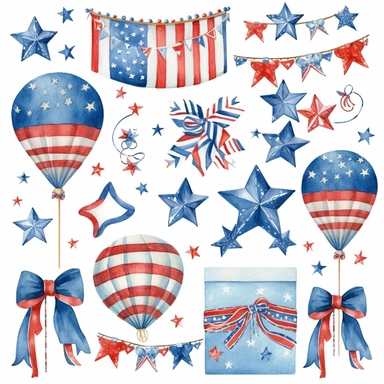 watercolor 4th of july patriotic decorations, illustrations clipart set, simple, , cartoon elements , bunting, ribbon elements, door wreaths, different variants , separate elements with a margin