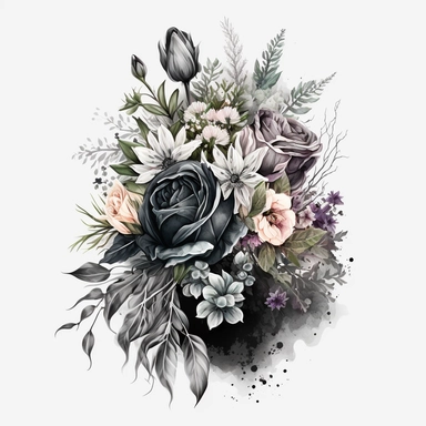 clipart watercolor detailed and realistic. on white background. beautiful flower tribute, Bouquet. dark theme, greyscale - loss funeral Themed tribute bouquet