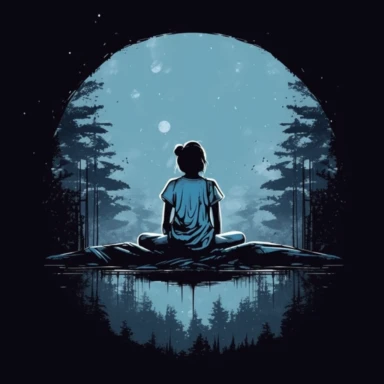 t shirt design of girl meditating on while its raining in the forest moon, Clipart style outline