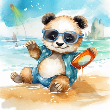 Create a watercolor illustration clipart of a playful cute Baby Panda Wearing sunglasses on the beach, with its full body visible. Use soft, flowing brushstrokes and a warm, inviting color palette to create an image that is both charming and whimsical. Incorporate intricate details like the motion of Baby Panda Wearing sunglasses on the beach to create a lifelike, realistic image. Can add other elements to the illustration like related item to play to create playful scene. Use white background t