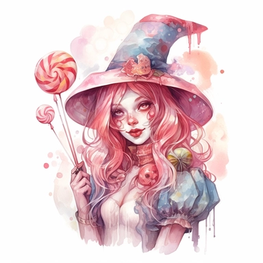 A beautiful charismatic candy-witch is depicted on a white background. She has a smiling and intriguing facial expression. The witch is holding a wand with a candy heart on top and has a lollipop in her hand. The image has a playful, and magical atmosphere with a palette of bright red pink and white watercolors. in the style of Aleksi Briclot. in the center of the image. Clipart