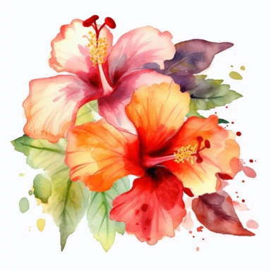Watercolor Tropical Hibiscus Clipart by Thomas W. Schallerof: A vibrant and exotic design featuring tropical hibiscus flowers in shades of pink, orange, and red on a white background. The flowers are different-size and bold, while the leaves are thick and tropical, creating a lively and festive composition