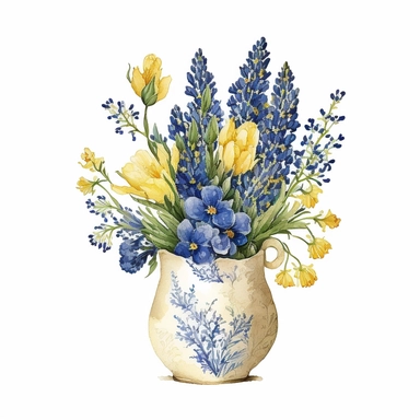 Watercolor, Blue Bonnets, Clipart, floral bouqet in a cute yellow vase, white background, no text, no caption