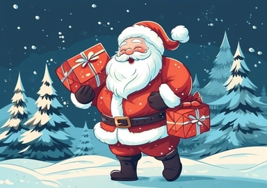 Illustration Santa Claus carries a bag of gifts .Christmas greeting card with cartoon character Santa Claus with hands up. Festive winter clip art isolated natural snowy bokeh background.