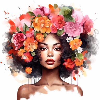 Illustrate a watercolor clipart portrait of a beautiful afro - african young Black girl model with a voluminous afro hairstyle adorned with blooming flowers clipart, white background