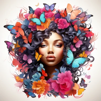 Beautiful black woman beautiful hair lips and eyes long eyelashes, colorful butterflies in hair as clipart on white background