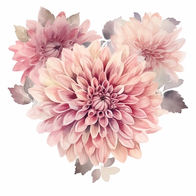 a heart shape made with soft pink and pastel pink Dahlia flowers, wet on dry watercolour style, antique look, clipart, white background
