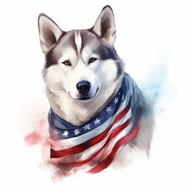 realistic watercolor of a Siberian Husky wering a american flag scarf, vector free clipart illustration, in the style of unreal engine 5, 32k uhd, detailed features, white background