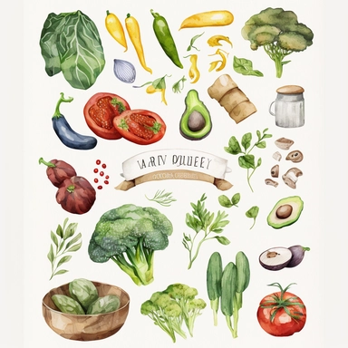 Watercolor clipart veggies and herbs Vegan food clipart Watercolor garden clipart Healthy food peppers avocado broccoli