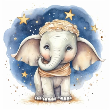 clipart de acuarela de dibujo infantil de elefante con luna y estrellas amarillassobre fondo trasero blanco, super detallado, 16k, full color, fotorealista, obra maestra, manchas de acuarela