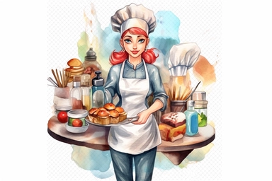 Watercolor, Generate a cartoon character with a chef's hat and a tray of delicious food, portraying a female chef clipart, hd, on a white background, spaced out