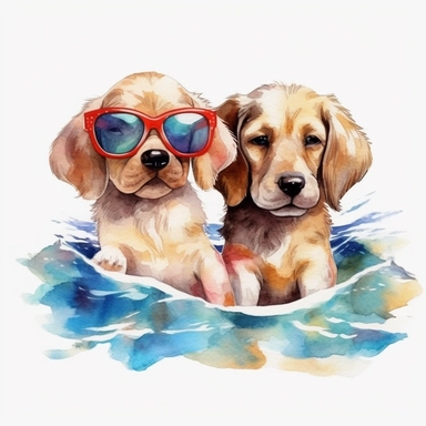 summer, dog beach, clipart, watercolor, no background, white background, dog, oil art