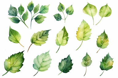 Watercolor, Create a visual representation of cordate leaves in different sizes, clipart, hd, on a white background, spaced out