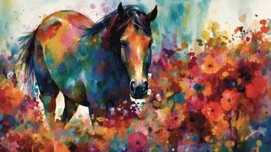 A vibrant watercolor of a single horse rendered as a digital clipart, drawing inspiration from the bold, expressive blooms found in Emil Nolde's garden paintings, featuring a vivid color palette that captures the flowers' natural radiance, illuminated by bright, contrasting light that emphasizes the rich, saturated hues and dynamic brushwork, and composed using an organic, free-flowing layout that conveys a sense of movement and growth.