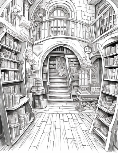 coloring book style, illustration clipart. Magical Bookshop: A bookshop filled with ancient spellbooks, where books come to life and lead to different realms. for coloring book with crispy lines and white background