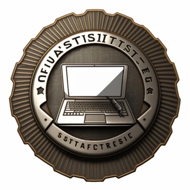 a round badge, front, with serrated edges, for OSINT investigators, with a nameplate and a stylized laptop:, clipart , metal