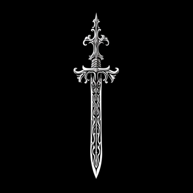 the image of a white Two-handed sword on black is shown, in the style of stencil art, heavy outlines, flickr, hard edge, sculpted, woodcut, clipart cut file cuttable cricut vector