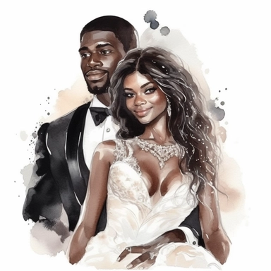 Black skin bride in a white wedding dress with diamonds and with beautiful jewelry, rich and glamour, long beautiful hair and the groom in a tuxedo smile watercolor clipart