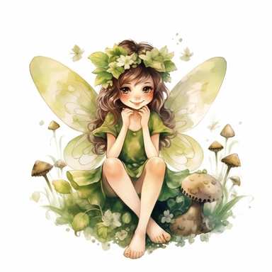 cute adorable forest fairy, green forest fairy, fairy with wings, fairy loves four leaf clovers, fairy is happy smiling, fairy is sitting in a flower garden,watercolour illustration, soft light, fairy forest, clipart