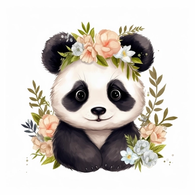cute fluffy baby panda with some minimalist flowers on its head, disney style, clipart on white background