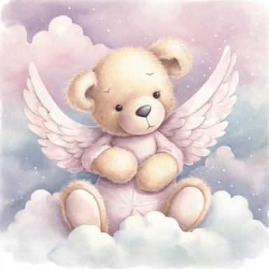 clipart, a whimsical illustration of a contented, loving and angelic baby teddy bear with a pair of angel wings wearing pajamas, floating on a cloud, surrendered by pink fluffy clouds, Use a smooth and light watercolor technique to give the artwork a dreamy and ethereal quality